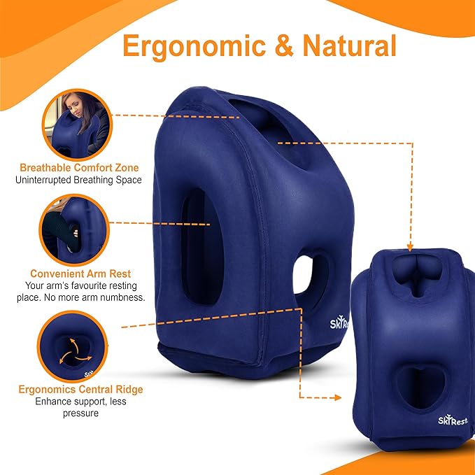 Inflatable Travel Pillow - Airplane Pillow for Neck Support on Long Flights, Buses, Cars, Office & Trains - Comes with Eye Mask, Earplugs & Portable Drawstring Bag -Blue