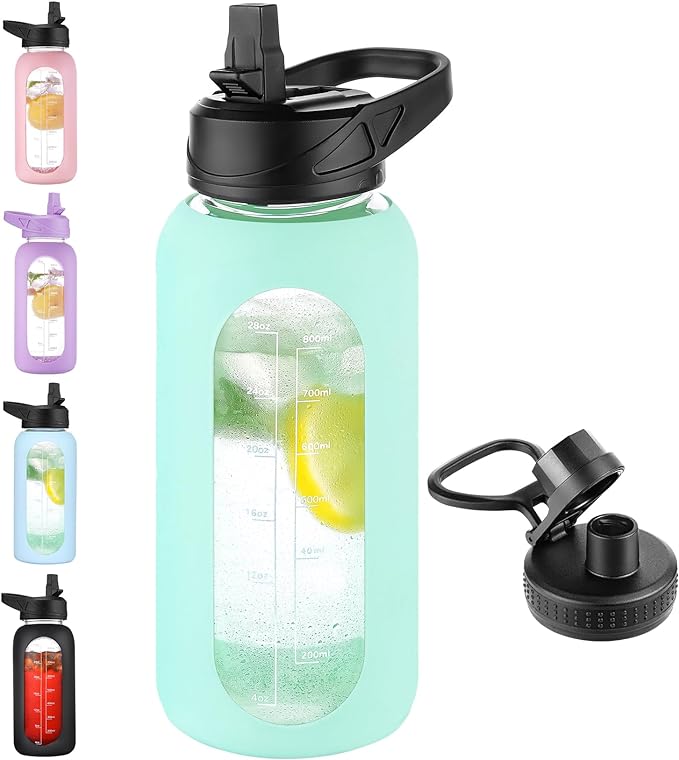 32 oz Glass Water Bottle with Straw and Handle, Sports Motivational Water Flask with Silicone Sleeve, Large Leakproof Water Flask Cup with Time Marker for Travel, Gym, Seafoam