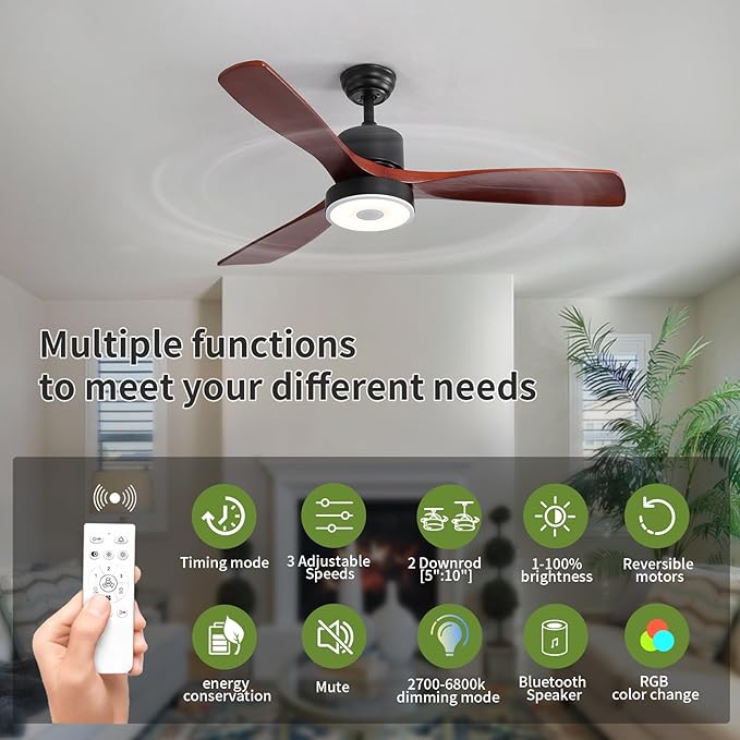 60 Inch Wood Ceiling Fan with RGB Dimming LED Light,with Music Bluetooth Speaker,Remote Control,3-Speed Regulation, Reversible Motor,Timing,for Living Room,Bedroom,Restaurant,Outdoor