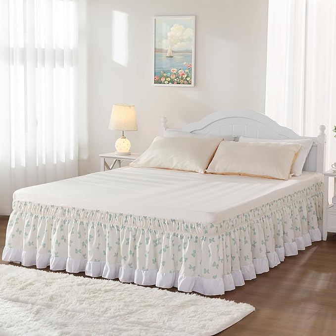 RIMELA White Elastic Bed Skirt King Szie 16 inch Drop, Cal King Bedskirt Easy to Put On, Solid Wrap Around Dust Ruffle, Fade Resistant Silky Fabric Machine Washable