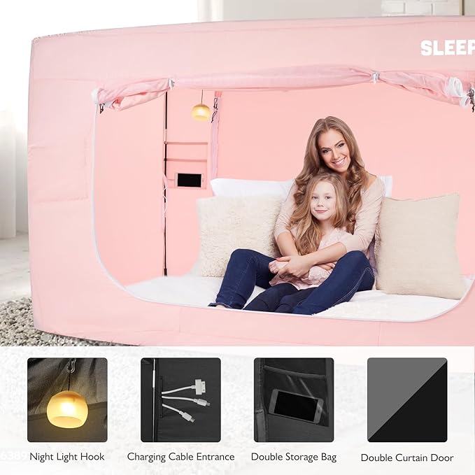 BORNA Bed Tent Bunk Twin Bed Canopy for Indoor Portable Light Reducing Sleeping Canopy for Kids and Adult,Bunk Blackout Tents Breathable Privacy Space Tent Mosquito Netting for Bed(Macaron Pink)