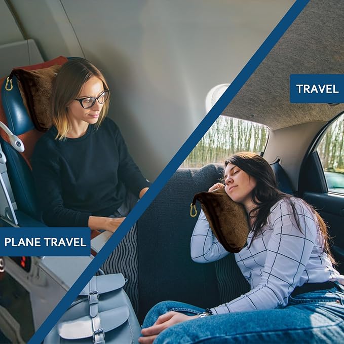 Bnuitland Travel Blanket and Pillow 2 in 1, Soft Flannel Airplane Blanket in Bag Compact-Long Flight Essential for Adults and Kids, Portable Luggage Sleeve and Backpack Clip, 65×40 inch Coffee Brown