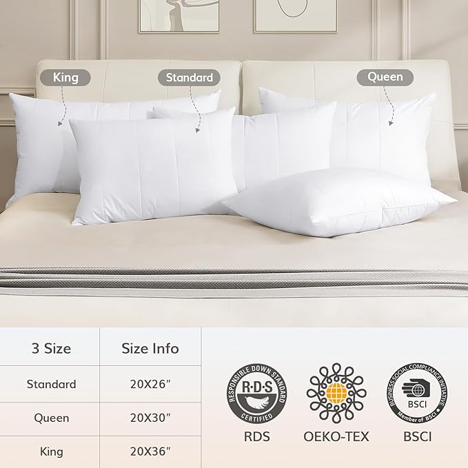 SAVORI Goose Down Feather Pillows with 100% Cotton Cover, Soft Hotel Bed Pillow for Sleeping, Cooling Pillow for Back, Stomach or Side Sleepers, King Size-White 20x36 Inch