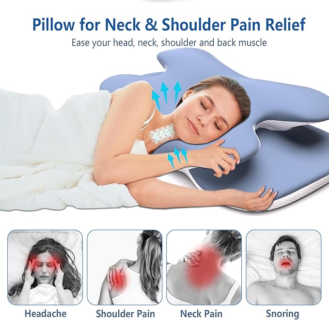 Cervical Neck Pillow for Pain Relief, Contour Memory Foam Pillow with Ice Silk Pillowcase, Neck Support Pillows, Ergonomic Orthopedic Pillow for Back, Side, Stomach Sleepers (Blue)