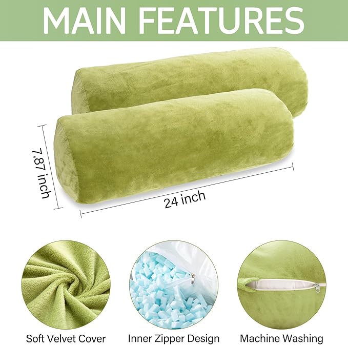 Body Pillow, Memory Foam Body Pillows for Adults Sleeping, Decorative Bolster Pillow for Bed & Couch, Long Cylinder Tube Round Pillow, 24x7.87 Inches, Set of 2 (Green)