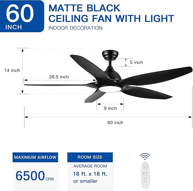 NicBex Ceiling Fan 60 Inch Modern Ceiling Fans with Integrated LED Light and Remote Control Double Finish Ceiling Fan with 5 ABS Blades for Living Room, Bedroom, Black