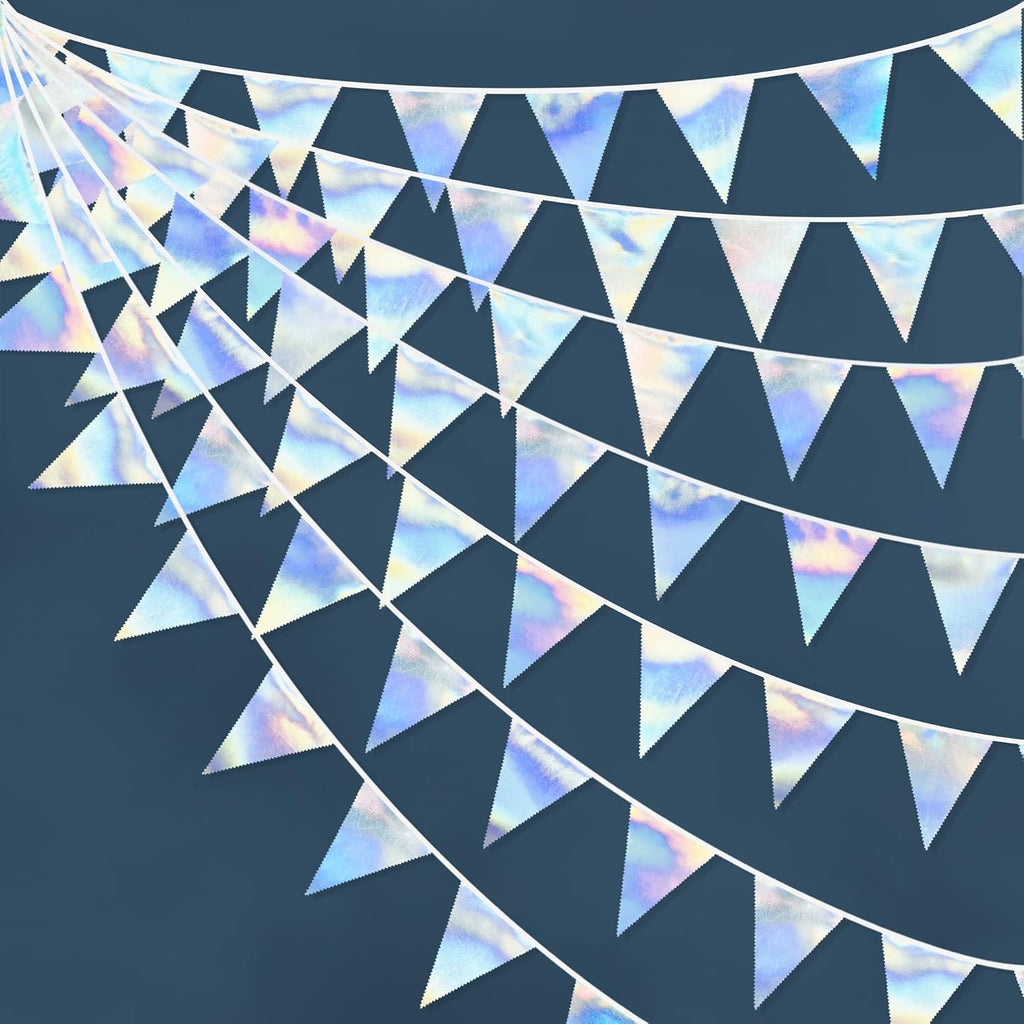 33Ft Iridescent Party Decoration Holographic Fabric Triangle Pennant Banner Flag Cotton Bunting Garland for Birthday Wedding Bridal Shower Bachelorette Engagement Disco Euphoria Galaxy Party Supplies