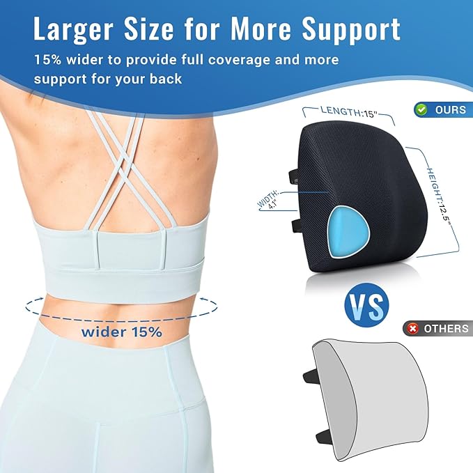 Lumbar Support Pillow for Office Chair Car Seat Cushion for Lower Back Sciatica Pain Relief Firm Memory Foam Pillows Wedge Chairs Cushions with Dual Straps (Mesh Black)