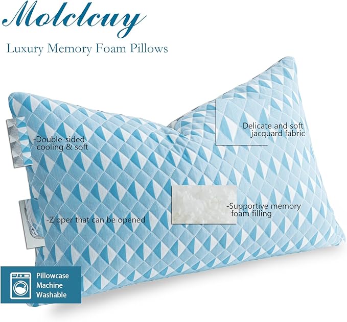 MOLCLCUY Memory Foam Pillows Queen Size Set of 2 Adjustable Cooling Pillow with Washable Removable Cover for Side Back Stomach Sleepers(20"x 30")
