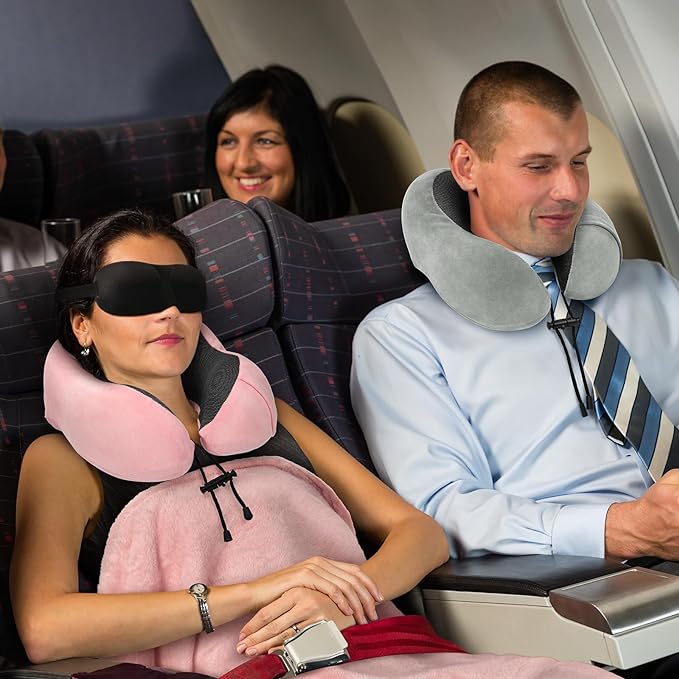 Travel Pillow and Blanket Set Neck Pillows Travel Essentials with Sleep Mask for Airplane Car Memory Foam Pink