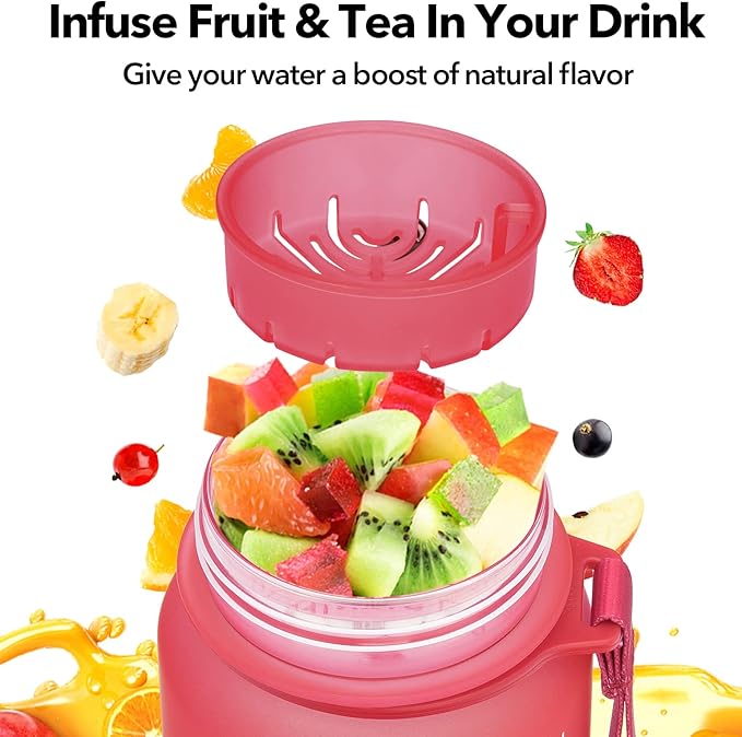32oz Motivational Water Bottle with Time Marker & Fruit Strainer, Leak-proof BPA Free Non-Toxic Bottle with Carrying Strap, Perfect for Fitness, Gym and Outdoor Sports
