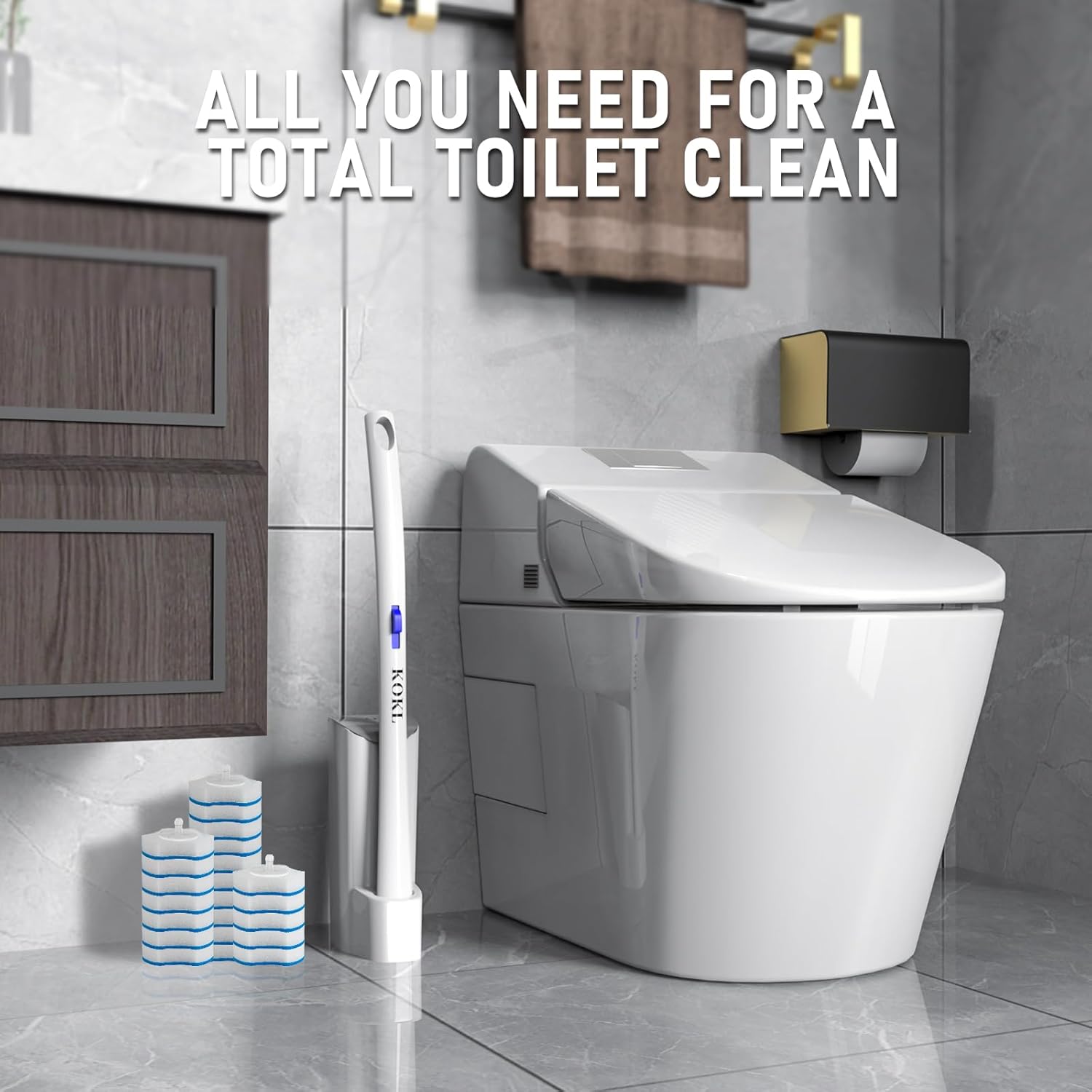 KOKL Disposable Toilet Brush, Toilte Wand Kit, Toilet Brushes and Holders with 40 Refills, Toilet Bowl Brush, Toilet Bowl Cleaning Wands, Toilet Cleaning System for Bathroom Maintenance(2-Set)