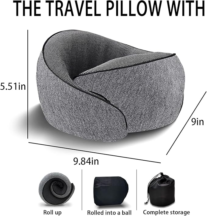 Travel Pillow 100% Pure Memory Foam,New Ergonomic Design 360°Adjustable Soft Neck Pillow,Travel Neck Pillow for Car and Airplane Travel,Neck Pillow for Traveling with Eye Masks and Earplugs(Grey)