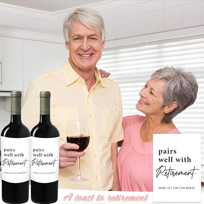 24 Pcs Retirement Wine Labels, Retirement Gifts for Women Men, Happy Retirement Wine Bottle Stickers Gifts for Coworker Grandparents, Pairs Well with Retirement Wine Bottle Labels