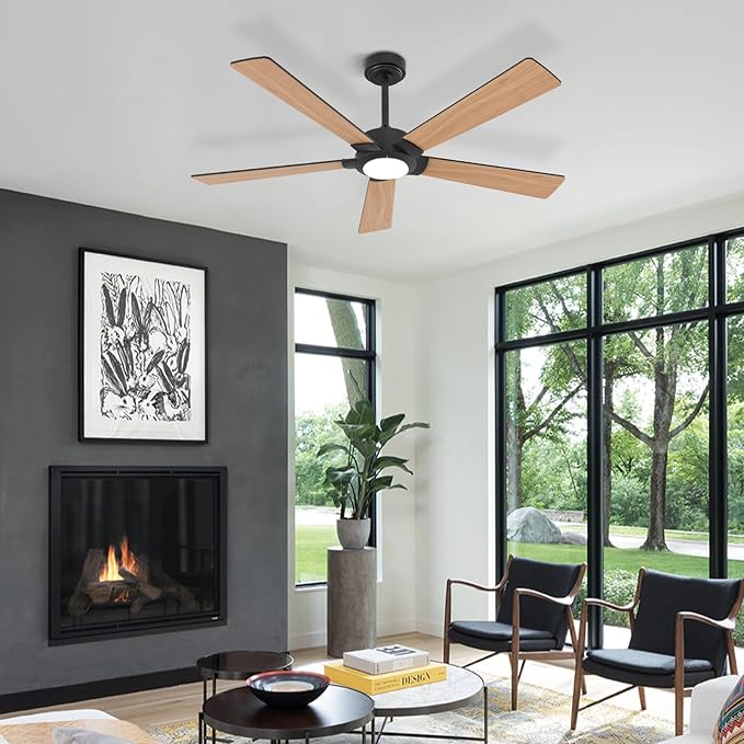 GESUM Black Ceiling Fan with Light, 52 In Outdoor Ceiling Fan for Patio, 5 Reversible Blades, Dimmable, 3CCT, Smart Ceiling Fan with Remote/App Control for Living Room Kitchen Bedroom (Black)