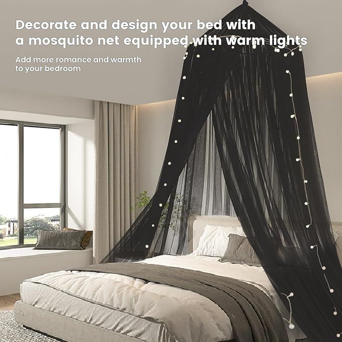 Mengersi Bed Canopy with Lights,Princess Bed Canopy Canopy Bed Curtains for Girls Room,Mosquito Netting Canopy Reading Corners Room Decor for Girls (Black)