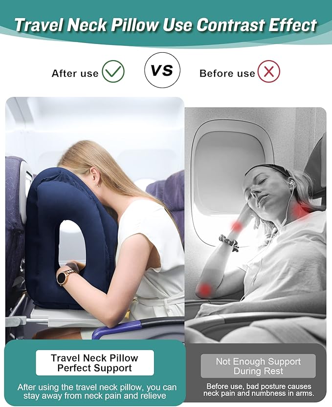 JefDiee Inflatable Travel Pillow, Airplane Neck Pillow Comfortably Supports Head and Chin for Airplanes, Trains, Cars and Office Napping with 3D Eye Mask, Earplugs and Portable Drawstring Bag (Blue)