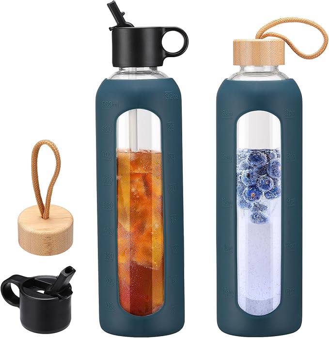 32oz Glass Water Bottle With 2 Lids-Flip Straw Lid, Bamboo Lid, Glass Water Bottle With Silicone Sleeve, Motivational Time Marker, Glass Juice Bottle for Cold Drink,Navy Blue