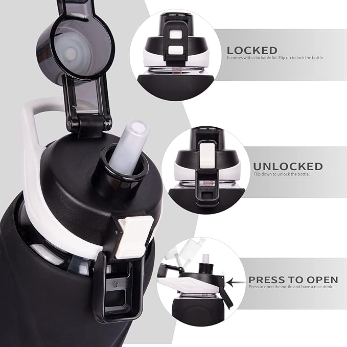 32 oz Sports Glass Water Bottle with Straw & Silicone Sleeve Reusable BPA-free Borosilicate Glass Drinking Bottle with Flip Top Lid & Handle Wide Mouth (Deep Black)