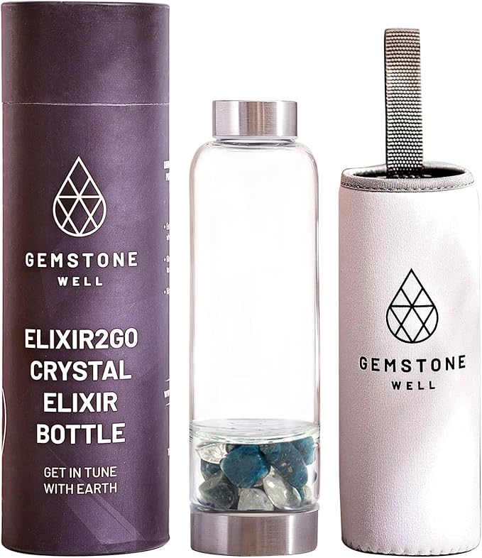 Crystal Water Bottle Elixir Set | Genuine Blue Apatite & Clear Quartz Gemstones | Black Neoprene Sleeve | Created For The Healing Enthusiast To Drink Gem Infused Water