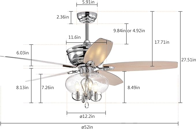 NicBex Ceiling Fan 52 Inch Classic Crystal Ceiling Fan with Lights Ceiling Fans with 5 Blades and Remote Control Ceiling Fan with Lamp Shade for Bedroom, Living Room, Silver