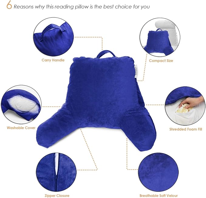 Nestl Reading Pillow for Kids, Small Bed Pillow, Back Pillow for Sitting in Bed, Memory Foam Chair Pillow, Reading & Bed Rest Pillows, Royal Blue Back Pillow for Bed, Arm Pillow with Pockets