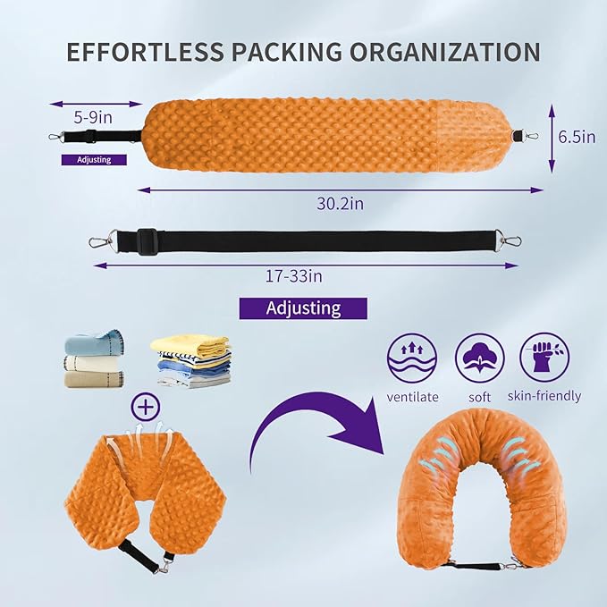 Stuffable Travel Pillow for Extra Luggage, Travel Neck Pillow Stuffable with Clothes, Stuffable Neck Pillow for Travel, Velvet Travel Neck Pillow Storage Bag, Fillable Luggage Pillow (Orange)