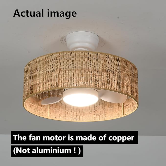 Boho LED Reversible DC Dimmable Ceiling Fan with Light Fixture and Remote Control,Caged Round Cage 3 Blade Small Drum Fandelier for Bedroom Indoor Kitchen Nursery Office Dining Room