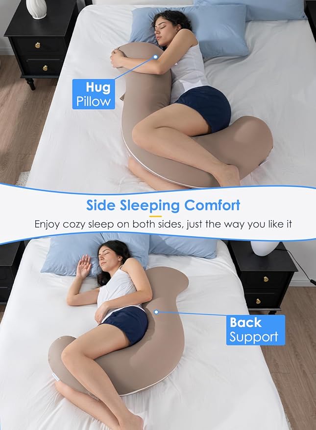 QUEEN ROSE Cooling Body Pillow, Full Body Support Pillow for Side Sleepers, Soft S Shaped Hug Pillow for Adults, with Removable Pillowcase, Beige