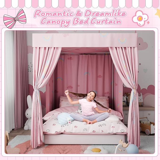 Hvqic Pink Canopy Bed Curtains - 4 Corner Post Bed Curtains Lightproof Princess Bed Canopy for Girls Rainbow Canopy Bed Curtains for Kids Room Decor(King,Pink-Cloud)
