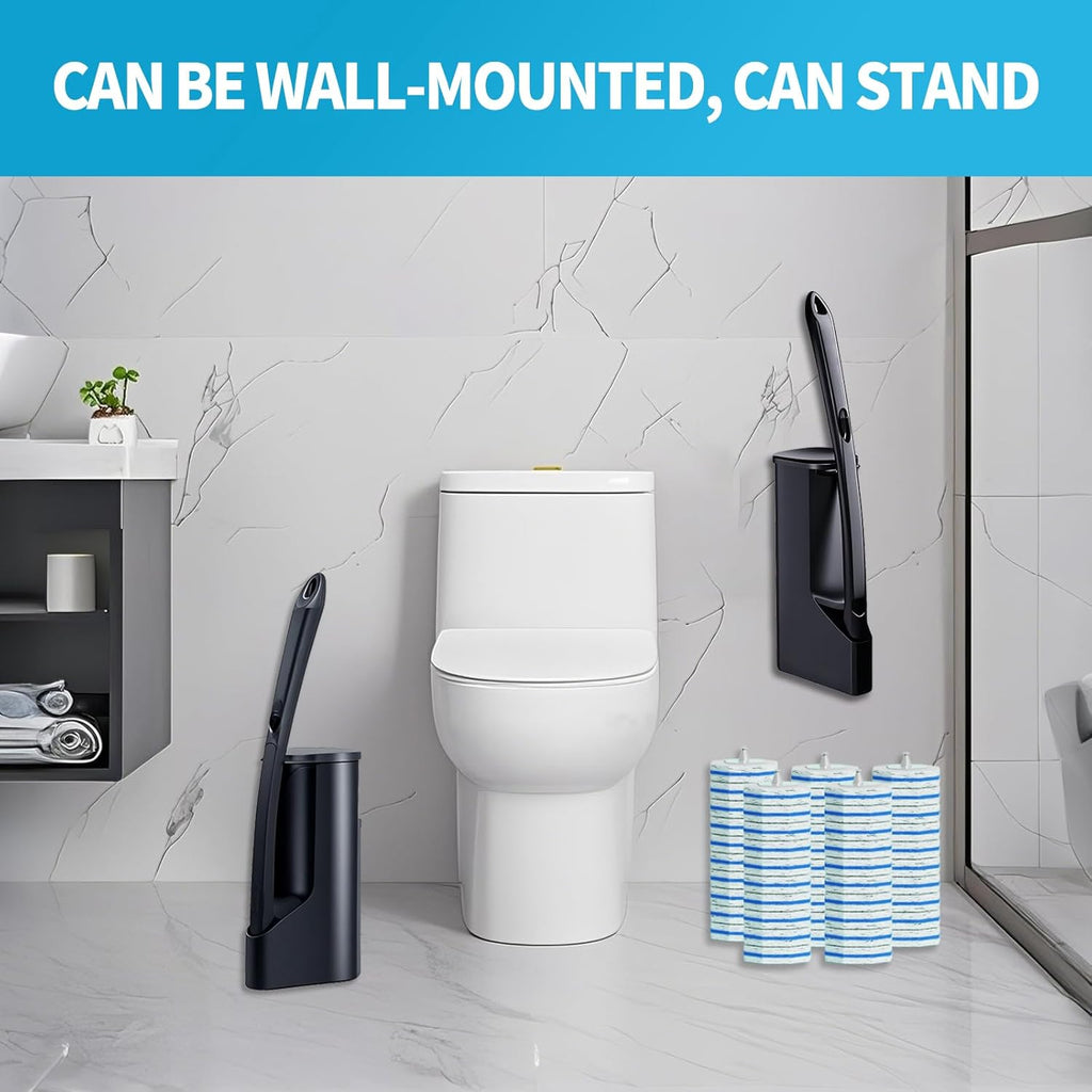 Disposable Toilet Brush with 50 Wand Cleaner Refills Pads，Wall Mounted Toilet Bowl Holder Set，Toilet Cleaning System Starter Kit，Bathroom Cleaning System for Sink Bathtub Wash Basin