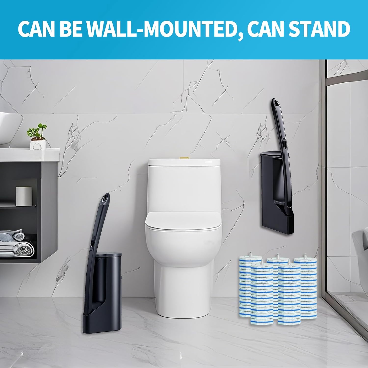 Disposable Toilet Brush with 50 Wand Cleaner Refills Pads，Wall Mounted Toilet Bowl Holder Set，Toilet Cleaning System Starter Kit，Bathroom Cleaning System for Sink Bathtub Wash Basin