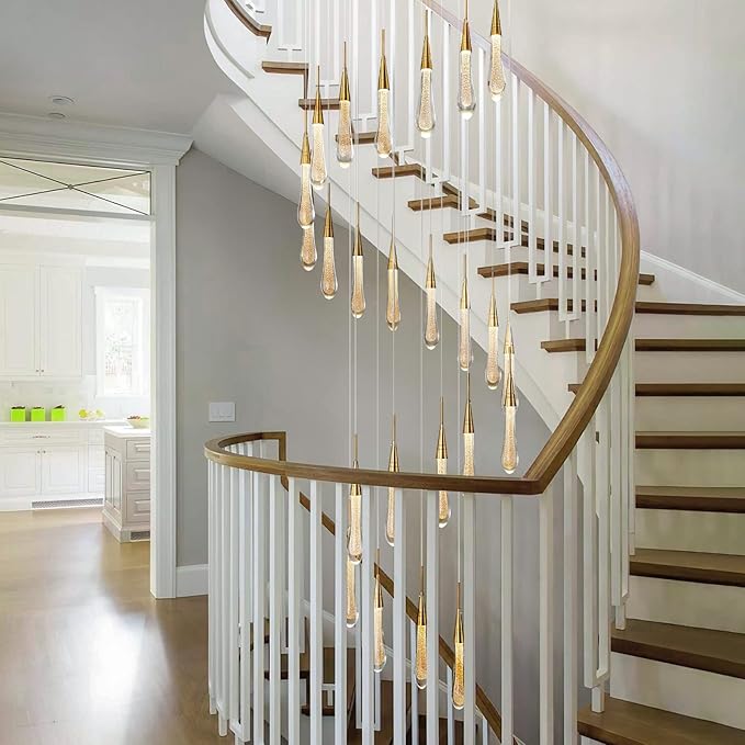 LMQNINE 24 Light Modern Crystal Chandelier Dimmable LED High Ceiling Chandelier Crystal Bubble Gold Pendant Lights Living Room Lobby 120W Staircase Chandeliers