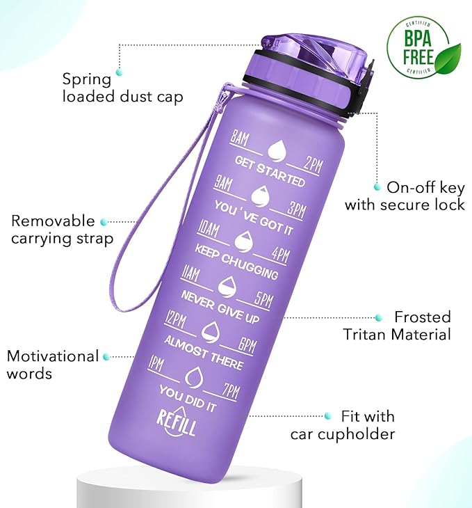 32oz Motivational Water Bottle with Time Marker & Fruit Strainer, Leak-proof BPA Free Non-Toxic Bottle with Carrying Strap, Perfect for Fitness, Gym and Outdoor Sports
