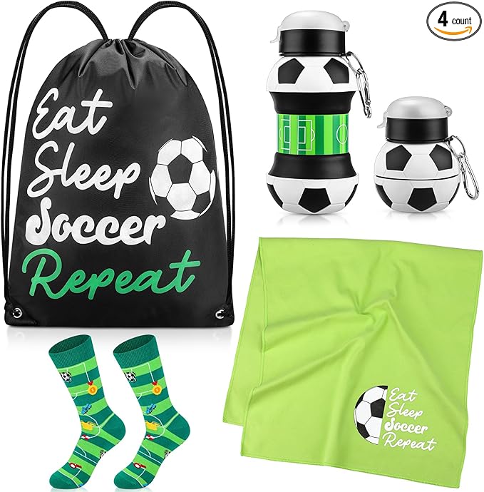 4 Pcs Soccer Gift Set Soccer Drawstring Bag Soccer Stuff, Silicone Water Bottle, Quick Dry Towel, Socks for Training Sports Accessories