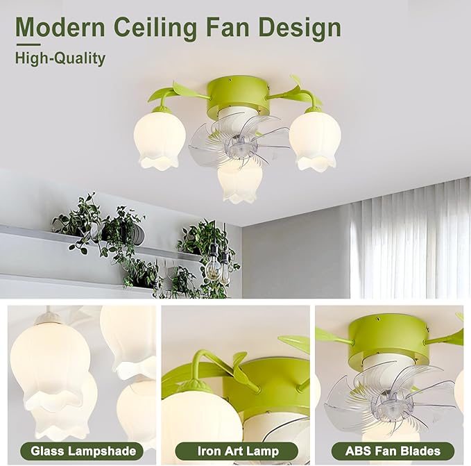 Flower Ceiling Fan with Light: Green Flower Fan Lights for Girls Bedroom - Flush Mount Fandelier for Living Room - 3-Light Modern Chandelier with Fan for Home Decor Enthusiasts