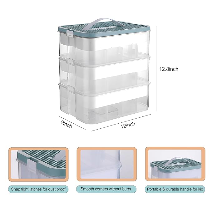 3-Tier Stackable Toy Storage Box with Lid Dividers, Kid Toy Blocks Organizer Container Removable Tray, Plastic Toy Chest Organizer for Baby Nursery Playroom - Toy Blocks Not Included