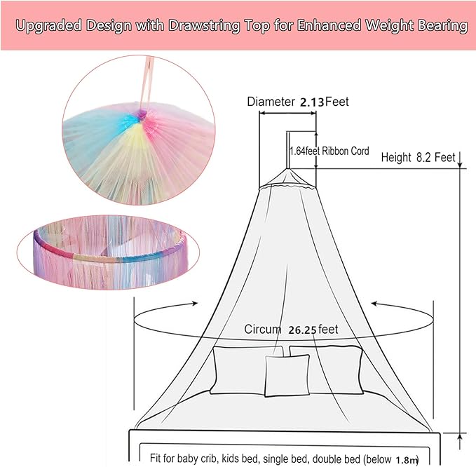 Eimilaly Rainbow Bed Canopy for Girls Mosquito Net, Easy Installation Princess Canopy for Kids Bed Room Decor