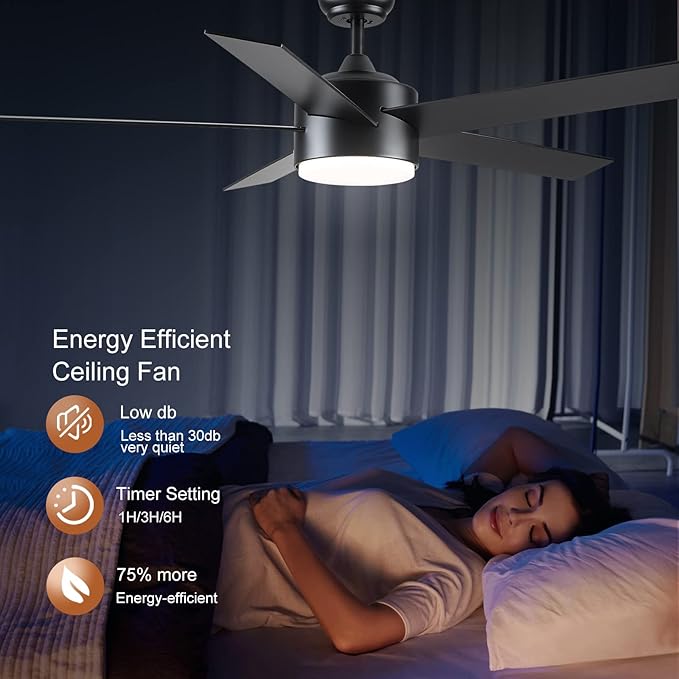 52 inch Black Ceiling Fans with Lights and Remote Control, LED Ceiling Fan Dimmable 3-Color Temperatures 6-Speed, Quiet Modern Ceiling Fan for Bedroom, Living Room, Dining Room