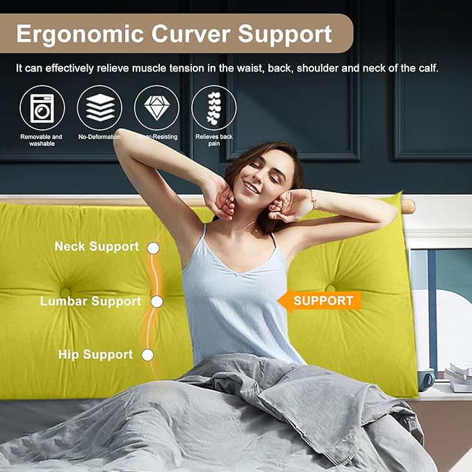 Large Triangular Headboard Pillows Long Backrest Positioning Support Bolster Cushion for Daybed Fluffy Quality Plush Body Wedge Pillow with Removable Cover(Yellow Green-King-76x8x20in)