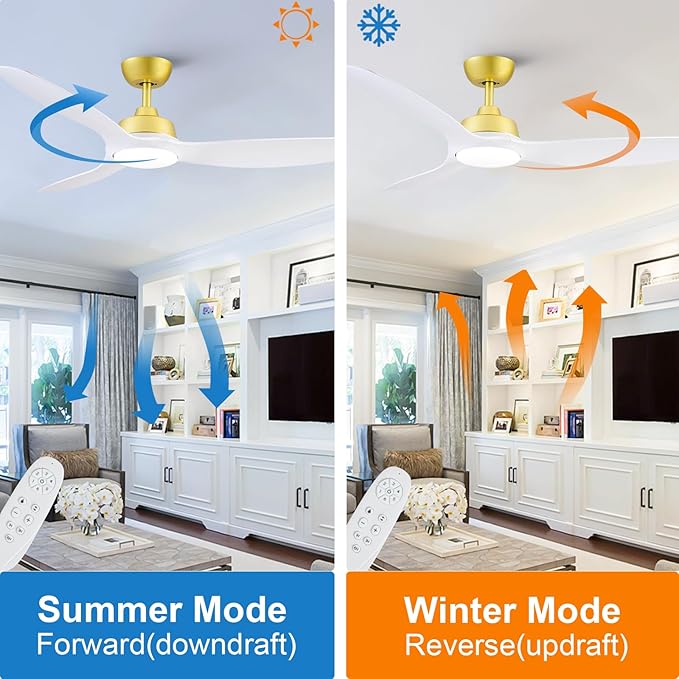Sevenine Ceiling Fan with Light,White Gold Ceiling Fan,3 Blades,Downrod,6 Speed Adjustable,Dimmable LED,3 Timers,Reversible DC Motor, for Patio Living Room Bedroom Dining Room (White Gold, 52)