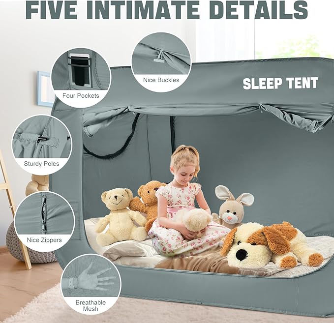 BORNA Bed Canopy Bed Tent Dream Tents Autism Shelter Cabin Indoor Sleeping Tents Privacy Warm Breathable Pop Up Twin Size Double Door with Mosquito Mesh Window for Kids and Adult (Pale Gray)