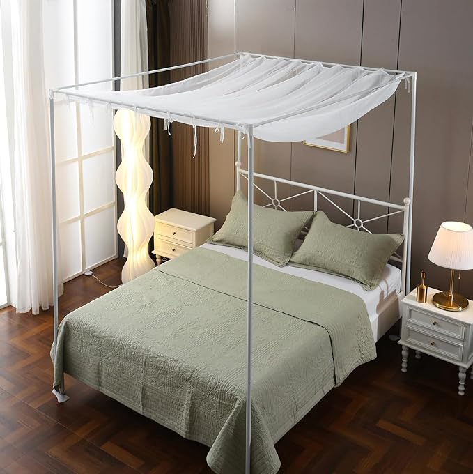 Pleated Full Canopy Bed Curtains for Top of Bed, White Princess Sheer Bed Canopy, Canopy Bed Scarf for Girls(Full,White)