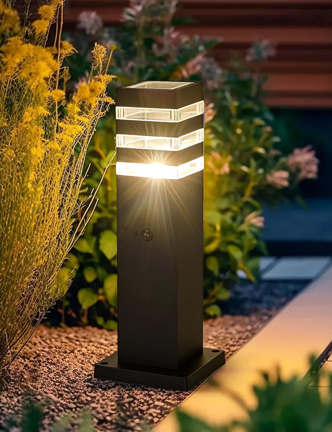 2Pack Motion Sensor Outdoor Floor Lamps Pathway Lights Dusk to Dawn Exterior Pillar Lamps Black Aluminum Poles Lights for Outside, Modern Landscape Path Lamp for Patio, Yard, Garden, Pathway, Driveway