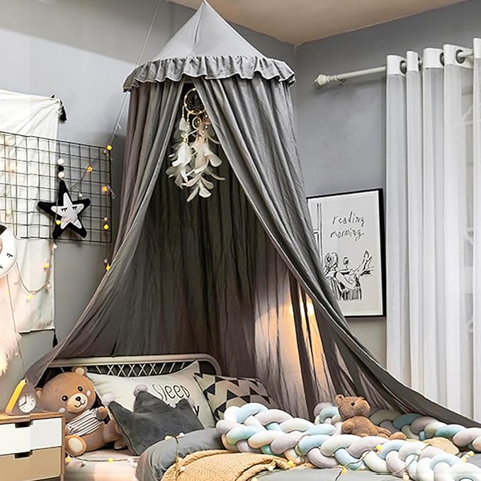 Upgrade Version of Canopy for Kids Bed, Extra Large Canopy for Girls Room Decoration Princess Castle Play Tent Hanging House, Dreamy Canopy for Children Room Reading Nook Canopies (Gray Ruffle)