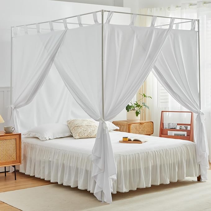 AIKASY White Canopy Bed Curtains with Top Ties and Tie Backs for Bedroom Decoration - Queen Size Bed Curtains with Windproof and Lightproof Features