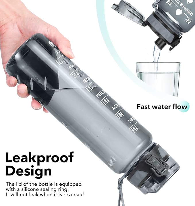 32oz/26oz Motivational Water Bottle with Time Marker & Fruit Strainer, Leak-proof BPA Free Non-Toxic 1l Bottle with Carrying Strap, Perfect for Fitness, Gym and Outdoor Sports, Plastic