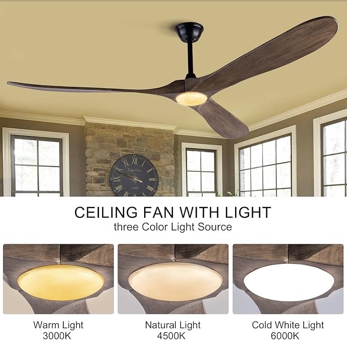 BOJUE Ceiling Fans with Lights 72 Inch Indoor Outdoor Ceiling Fan,Wood Ceiling Fan with Remote Control & 3 Wood Blades for Patio Living Room Bedroom (Aged Pewter-light Grey Weathered Oak Blades)