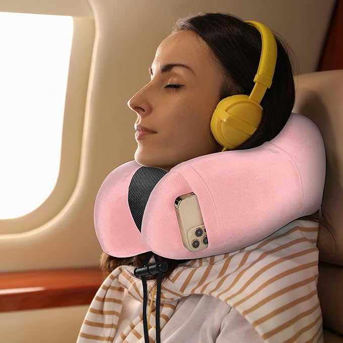 Travel Pillow and Blanket Set Neck Pillow Airplane Memory Foam for Traveling Compact with Bag Pink