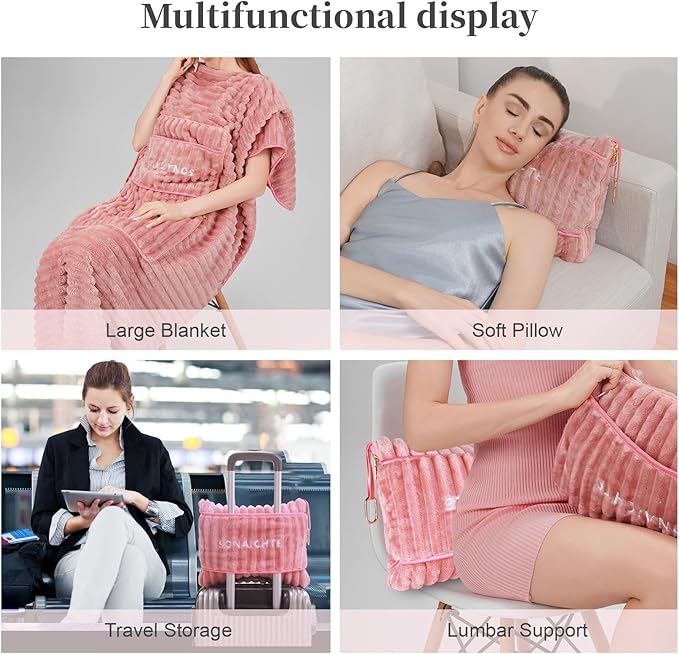 Travel Blanket Travel Blanket Airplane Compact with Bag 2 in 1 Travel Pillow and Blanket Set Travel Pillow and Blanket Car Road Trip Camping Essentials (Light Pink)